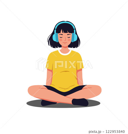 Young girl meditating in a calm atmosphere with flat vector art 122953840