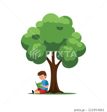 Boy reading a book under a large green tree in flat vector art 122953861