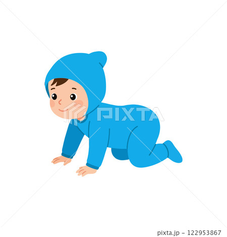 Happy crawling baby in blue outfit, flat vector art style vector illustration Happy crawling baby in blue outfit, flat vector art style vector illustration 122953867