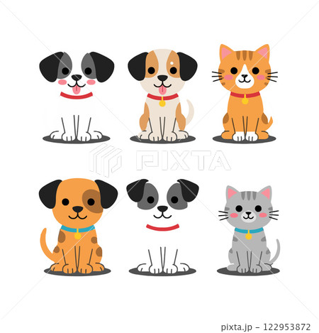 Cute dogs and cat sitting in a flat vector art style Cute dogs and cat sitting in a flat vector art style 122953872