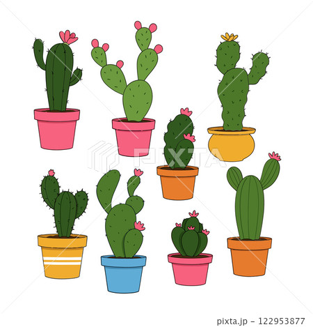 Colorful cactus plants in various pots in flat vector art 122953877