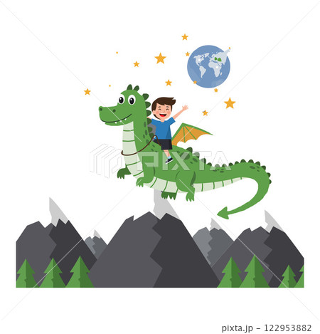 Dragon riding adventure with a joyous boy in flat vector art 122953882