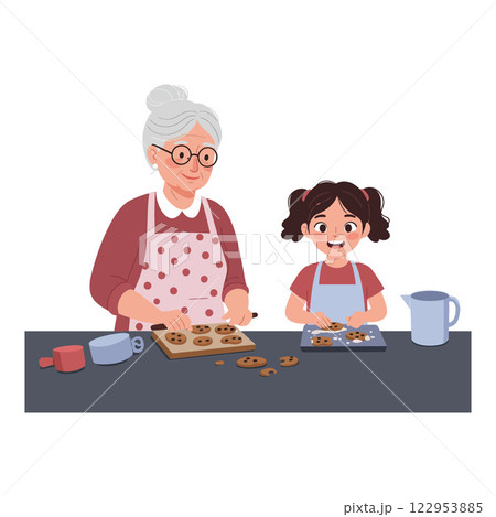 Grandmother and granddaughter baking cookies in flat vector illustration 122953885