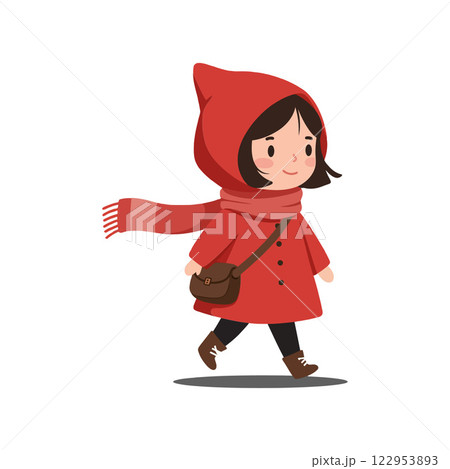 Young girl in red coat walking happily in flat vector art 122953893