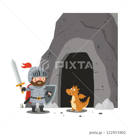 Knight and Dragon Encountering Cave Entrance in Flat Vector Art Knight and Dragon Encountering Cave Entrance in Flat Vector Art 122953902