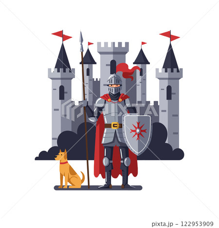 Knight in armor with spear and dog in flat vector art 122953909