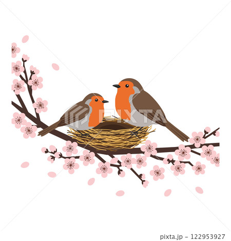 Two charming birds on a branch with blossoms in a flat vector illustration 122953927