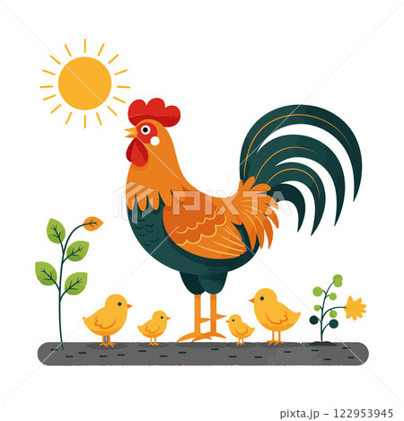 Colorful rooster standing proudly with chicks under sun in flat design vector illustration Colorful rooster standing proudly with chicks under sun in flat design vector illustration 122953945