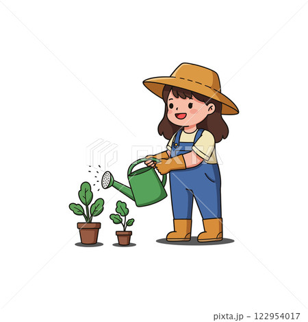 Gardener watering plants in flat style vector art with cheerful expression and vibrant colors in a garden setting Gardener watering plants in flat style vector art with cheerful expression and vibrant colors in a garden setting 122954017