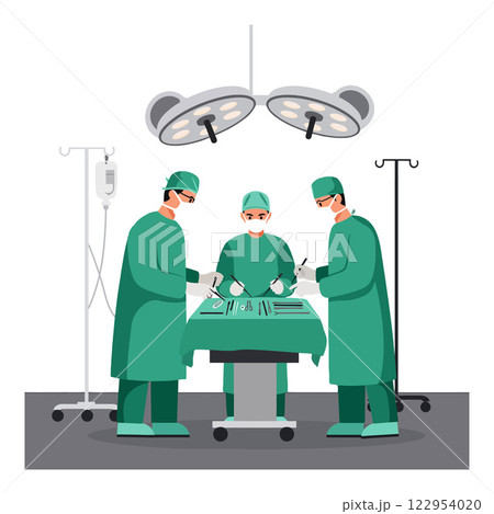 Surgical team performing operation in flat style vector art depicting medical professionals and equipment 122954020