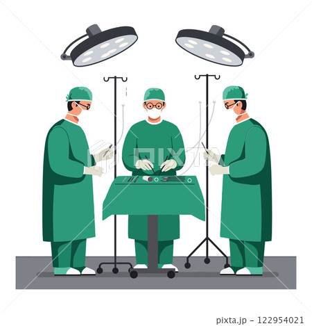 Surgeons in green scrubs performing an operation in a flat and minimalist design vector art 122954021