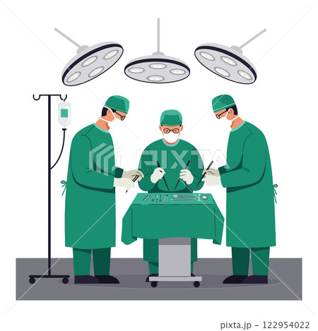 Surgical team performing an operation in a flat and detailed vector illustration style of medical professionals Surgical team performing an operation in a flat and detailed vector illustration style of medical professionals 122954022