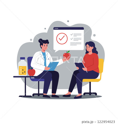Doctor discussing health benefits of apples with patient in flat, colorful vector illustration Doctor discussing health benefits of apples with patient in flat, colorful vector illustration 122954023