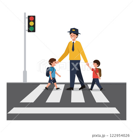 Crossing guard assisting children in safety with bright colors and minimal design style vector illustration Crossing guard assisting children in safety with bright colors and minimal design style vector illustration 122954026