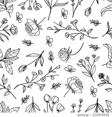 Seamless pattern botanical hand drawn line art on white background. Vector  122954056