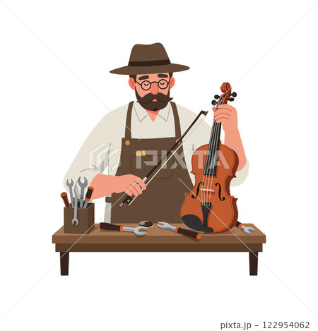 Violin maker carefully working on instrument with tools in flat design vector art 122954062