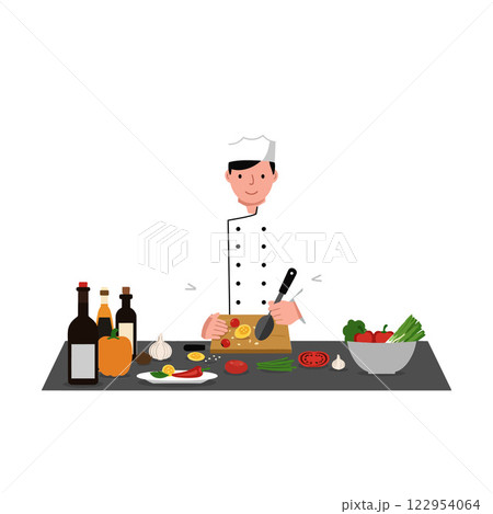 Chef preparing ingredients with a knife in a modern kitchen flat vector art Chef preparing ingredients with a knife in a modern kitchen flat vector art 122954064