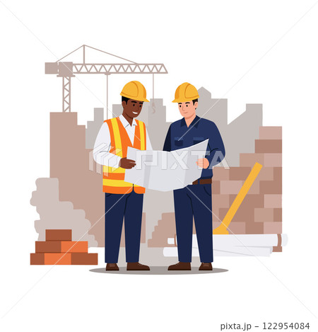 Construction workers examining blueprints together in detailed flat vector illustration Construction workers examining blueprints together in detailed flat vector illustration 122954084