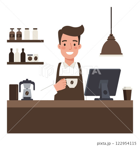 Coffee shop barista smiling while holding cup in flat minimal vector art illustration Coffee shop barista smiling while holding cup in flat minimal vector art illustration 122954115