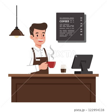 Coffee shop barista serving warm beverage in flat, colorful, minimal vector illustration Coffee shop barista serving warm beverage in flat, colorful, minimal vector illustration 122954116