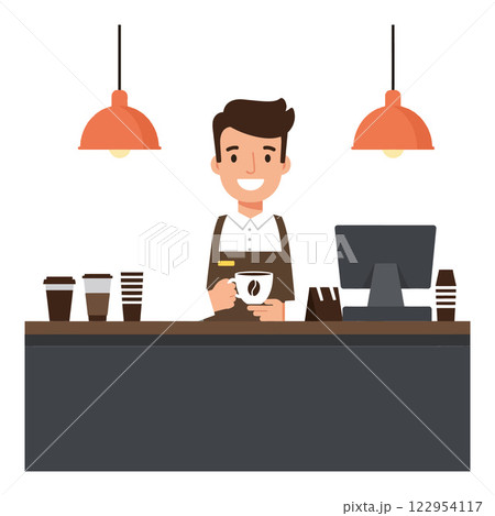 Coffee shop barista smiling while serving customers in flat vector illustration style with modern  Coffee shop barista smiling while serving customers in flat vector illustration style with modern  122954117