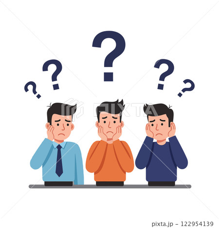 Three confused men in flat design style pondering questions in vector illustration 122954139