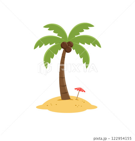 Lush green palm tree with coconuts on sandy island in minimal vector art style vector art Lush green palm tree with coconuts on sandy island in minimal vector art style vector art 122954155