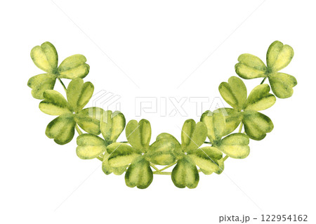 Clover Watercolor Horizontal composition. Lucky Shamrock with four leaves. Patricks day clipart isolated on a white background. four leaves. Celtic symbol, design element for cards and packaging. 122954162