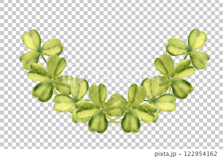 Clover Watercolor Horizontal composition. Lucky Shamrock with four leaves. Patricks day clipart isolated on a white background. four leaves. Celtic symbol, design element for cards and packaging. 122954162