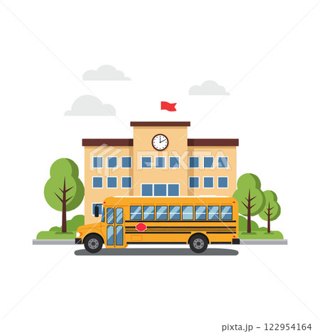 School building with clock and yellow bus in flat minimal vector art style 122954164