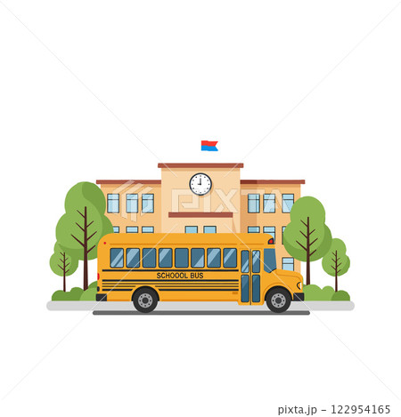 School bus parked in front of detailed school building with trees in flat vector art 122954165