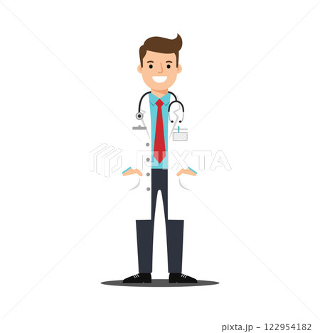 Doctor character in white coat with stethoscope in flat vector art style showcasing professionalism and approachability in healthcare vector illustration Doctor character in white coat with stethoscope in flat vector art style showcasing professionalism and approachability in healthcare vector illustration 122954182