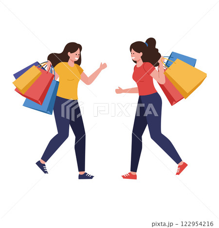 Two women joyfully exchanging shopping bags in colorful flat vector art illustration 122954216