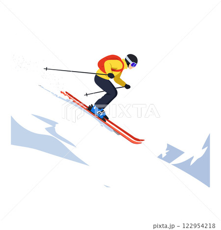Skier in dynamic motion on snowy slope, flat design style, vibrant colors, vector illustration 122954218