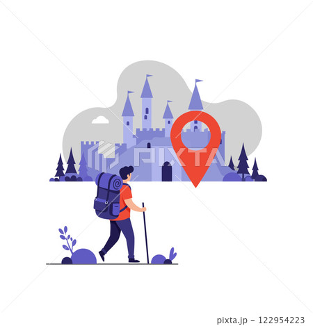 Hiker exploring a fantasy castle with a location marker in flat vector art style 122954223