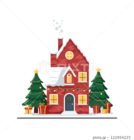 Cozy red brick house adorned with holiday decorations and green trees in flat vector art Cozy red brick house adorned with holiday decorations and green trees in flat vector art 122954225