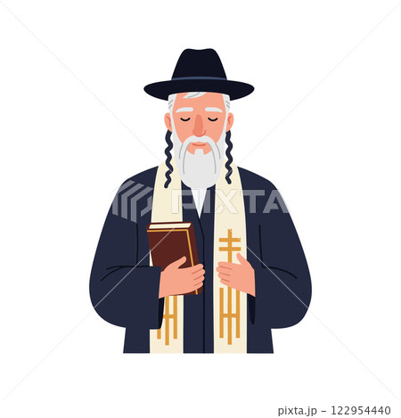 Elderly man with a beard wearing a black hat and shawl in flat vector art style holding a book vector illustration Elderly man with a beard wearing a black hat and shawl in flat vector art style holding a book vector illustration 122954440
