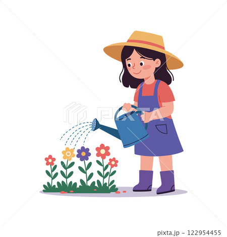 Girl watering colorful flowers in a detailed flat design style vector illustration Girl watering colorful flowers in a detailed flat design style vector illustration 122954455