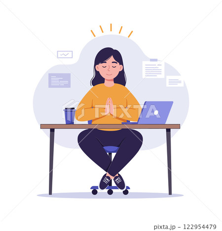 Woman practicing mindfulness in a cozy workspace with a laptop and coffee cup in flat vector illustration 122954479