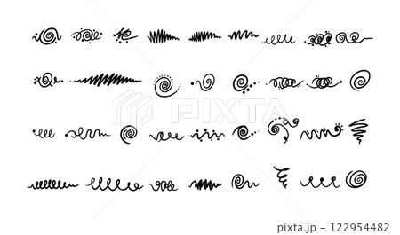 Decorative hand-drawn swirls and lines in a minimal style showcasing intricate designs and shapes in vector art Decorative hand-drawn swirls and lines in a minimal style showcasing intricate designs and shapes in vector art 122954482