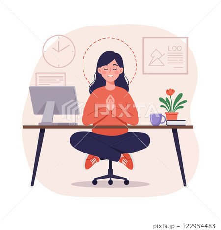 Meditating woman in a minimal workspace with plant and clock in flat vector art Meditating woman in a minimal workspace with plant and clock in flat vector art 122954483