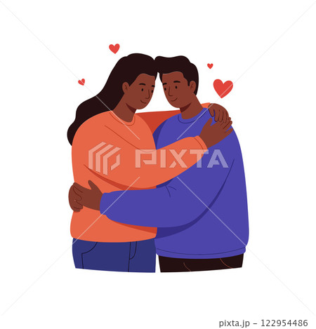 Couple embracing in a warm hug with colorful hearts in a flat design style vector illustration 122954486