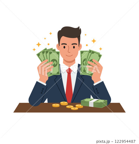 Businessman holding cash in hands with money on table in flat vector illustration Businessman holding cash in hands with money on table in flat vector illustration 122954487
