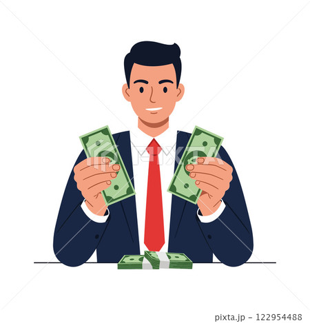 Professional man holding cash in hands with suit and tie, flat vector illustration Professional man holding cash in hands with suit and tie, flat vector illustration 122954488
