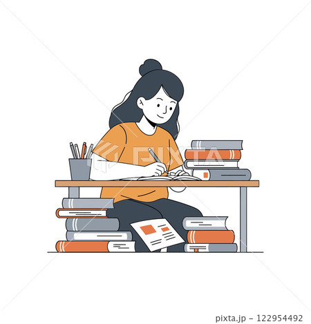 Student engaged in study and writing with books around her in minimal flat vector illustration Student engaged in study and writing with books around her in minimal flat vector illustration 122954492