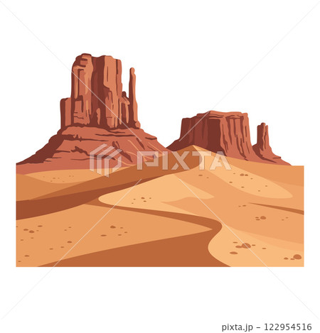 Desert landscape with rock formations in flat design style showcasing warm colors in vector art 122954516