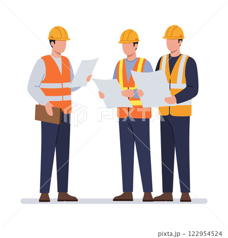 Construction workers discussing plans in a detailed flat design style vector illustration Construction workers discussing plans in a detailed flat design style vector illustration 122954524