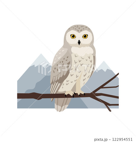 Snowy owl perched on a branch with mountains in the background, flat design vector art Snowy owl perched on a branch with mountains in the background, flat design vector art 122954551