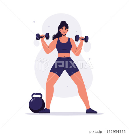 Strong woman lifting dumbbells in athletic wear, flat design, energetic fitness scene, vector illustration Strong woman lifting dumbbells in athletic wear, flat design, energetic fitness scene, vector illustration 122954553