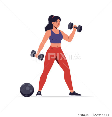 Woman lifting weights in a flat and colorful design showcasing fitness and strength in vector illustration Woman lifting weights in a flat and colorful design showcasing fitness and strength in vector illustration 122954554